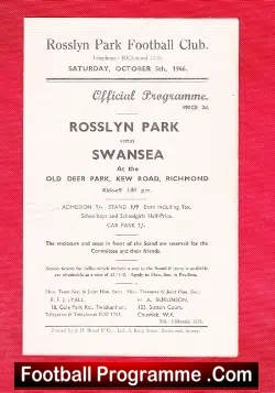 Rosslyn Park Rugby v Swansea 1946 - at Old Deer Park - rugby programme