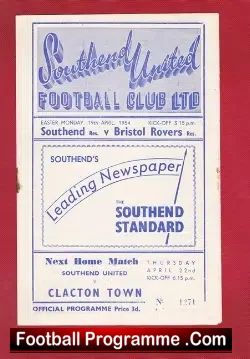 Southend United v Bristol Rovers 1954 - football programme