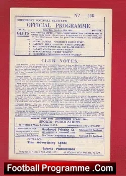 Southport v Mansfield Town 1952 - football programme