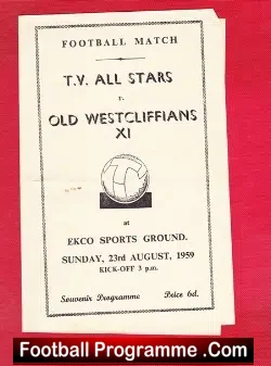 TV All Stars v Old Westcliffians 1959 - Newley + Kaufman - football programme