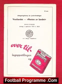 Vestlandet Norway - West v Rest 1959 - football programme