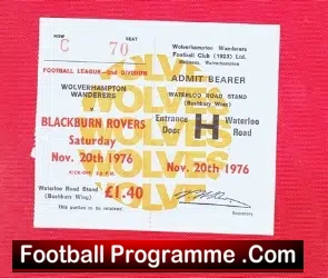 Wolves Wolverhampton v Blackburn Rovers 1976 – Football Ticket