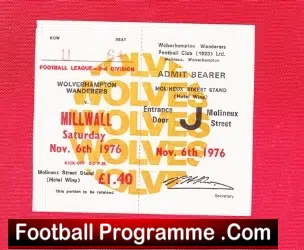 Wolves Wolverhampton v Millwall 1976 – Football Ticket