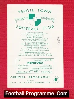 Yeovil Town v Hereford 1961 - football programme