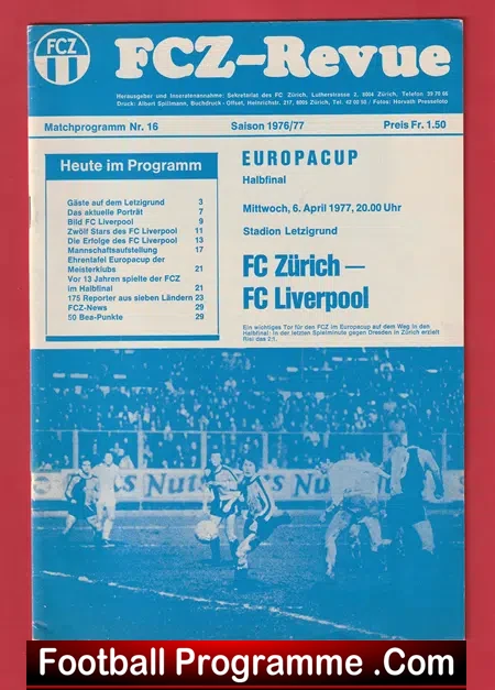 Zurich v Liverpool 1977 – European Cup Switzerland