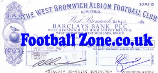 West Bromwich Albion Official Club Cheque 1984 - coach services