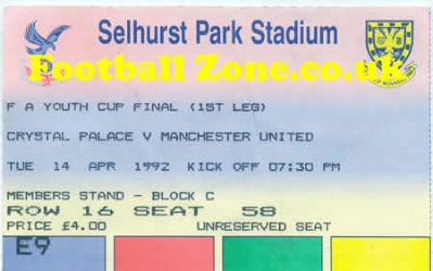Crystal Palace v Manchester United 1992 - Youth Cup Final Ticket