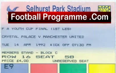 Crystal Palace v Manchester United 1992 – Youth Cup Final Ticket