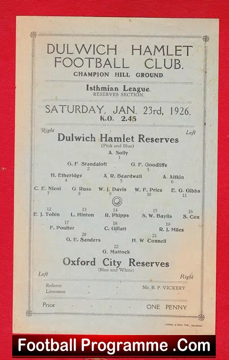 Dulwich Hamlet v Oxford City 1926 – Old Football Memorabilia