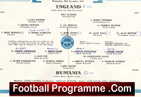 England v Romania 1964 – U23 Highfield Road Coventry – Romania