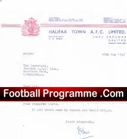 Halifax Town Official Club letter 1957