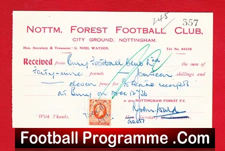 Nottingham Forest Official Letter + Gate Receipt 1936