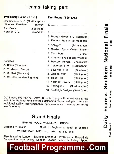 South Of England Finals 5 A Side Wembley Stadium 1974