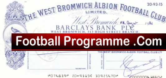 West Bromwich Albion Official Club Cheque 1984 – I Petin