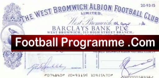 West Bromwich Albion Official Club Cheque 1984 – Walton Print