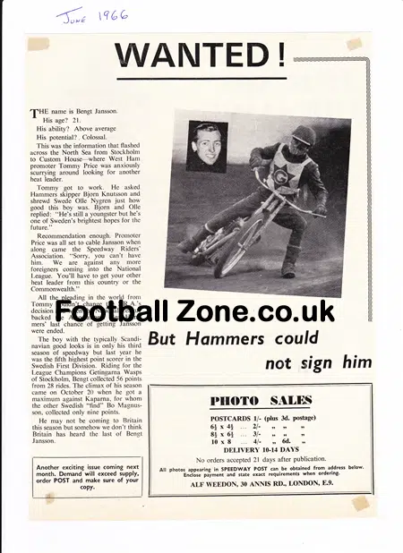 West Ham Speedway Bengt Jansson Signed Sheet + News 1960s