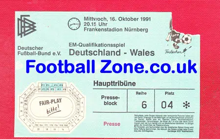 Germany v Wales 1991 – Euro 92 Qualifier + Ticket