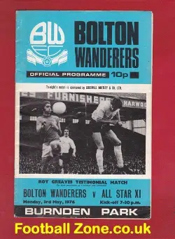 Roy Greaves Testimonial Benefit Bolton Wanderers 1976 - SIGNED