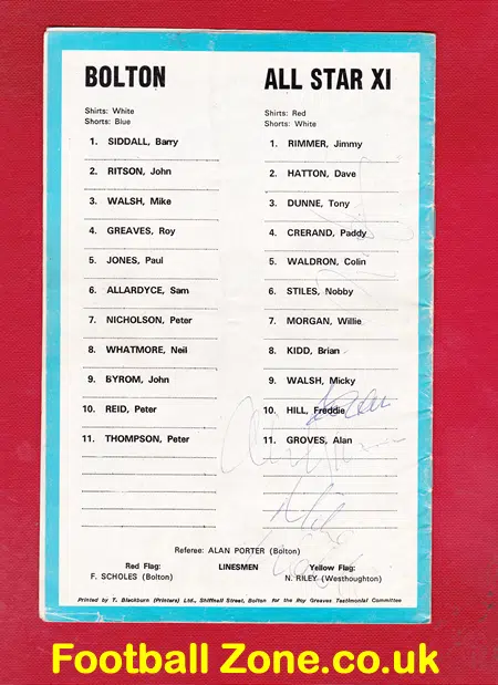 Roy Greaves Testimonial Benefit Bolton Wanderers 1976 – SIGNED