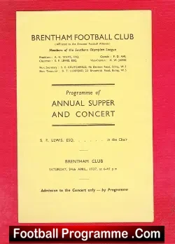 Brentham Football Club Annual Supper Concert Programme 1937