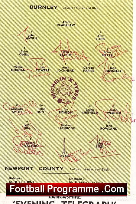 Burnley v Newport County 1964 – Multi Autographed Signed