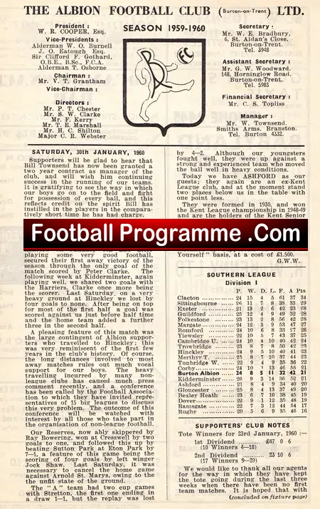 Burton Albion v Ashford Town 1960