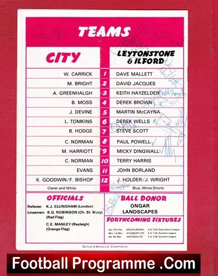 Chelmsford City – Leytonstone Ilford 1982 – Semi – Multi Signed