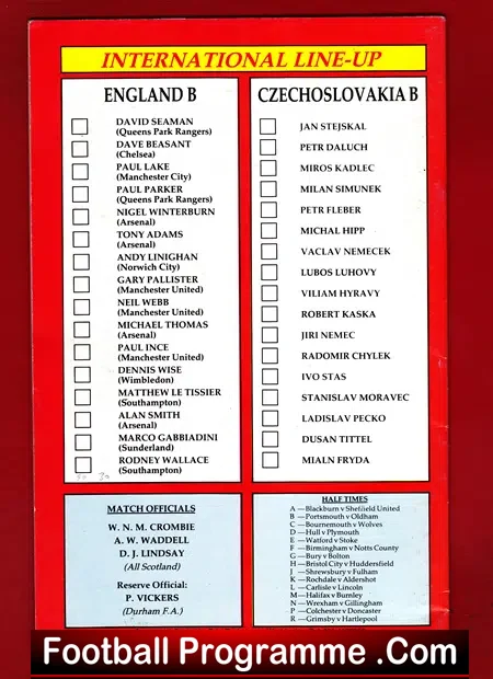 England v Czechoslovakia 1990 – At Roker Park Sunderland