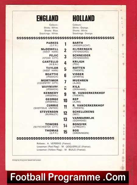 England v Holland 1973 – Under 23 Match at Arsenal