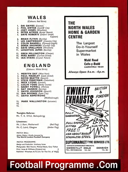 England v Wales 1975 – Under 23 at Wrexham