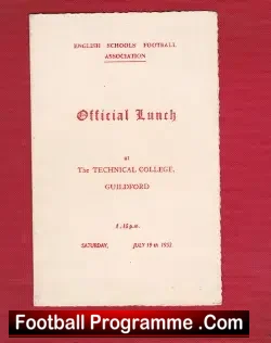 English Schoolboys Football Association Menu Guildford 1952 - football memorabilia