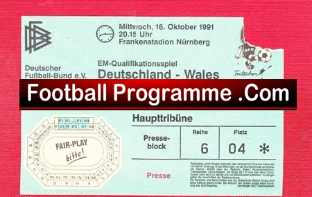 Germany v Wales 1991 – Euro 92 Qualifier + Ticket