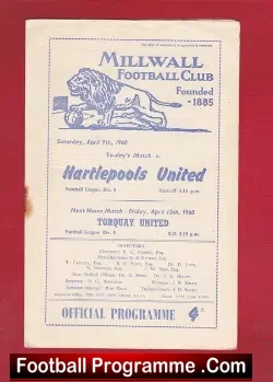 Millwall v Hartlepool United 1960 - football programme