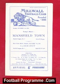 Millwall v Mansfield Town 1961 - football programme