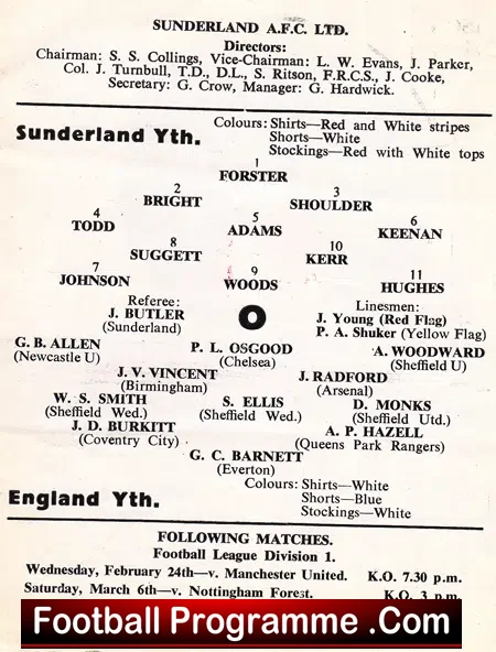 Sunderland v England 1965 – Youth Match + Osgood