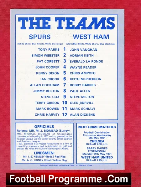 Tottenham Hotspur v West Ham United 1981 – Youths Cup Final