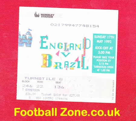 England v Brazil 1992 - at Wembley Plus Ticket