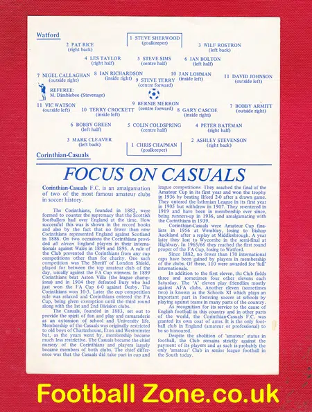 Watford v Corinthian Casuals 1983 – Friendly Match
