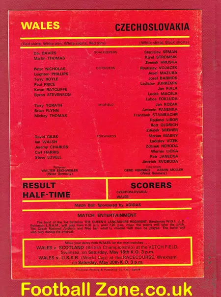Wales v Czechoslovakia 1980