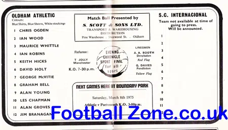Oldham Athletic v Internacional 1975 – Boundry Park