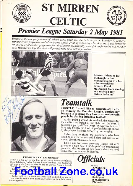 St Mirren v Glasgow Celtic 1981 – Multi Signed Autographed