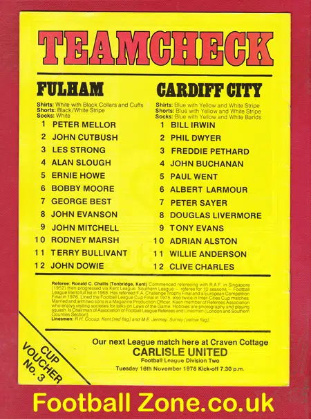 Fulham v Cardiff City 1976 – Inc George Best + Marsh + Moore