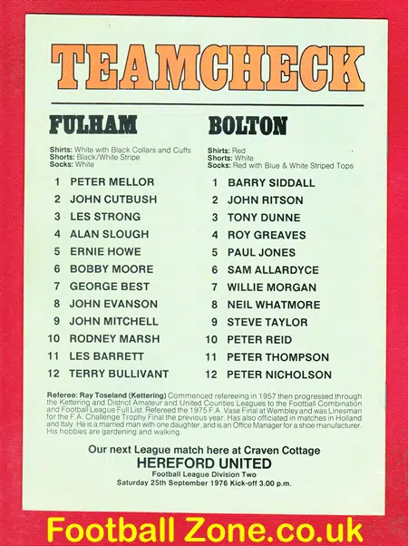 Fulham v Bolton Wanderers 1976 + Bobby Moore + George Best