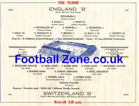 England v Switzerland 1950 – at Sheffield Wednesday
