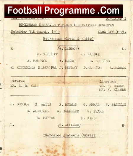Beckenham Town v Thameside 1949 – Reserves Match 48/49