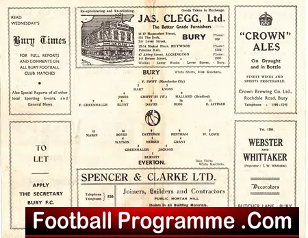 Bury v Everton 1945 – Old Football Programme – Abandoned