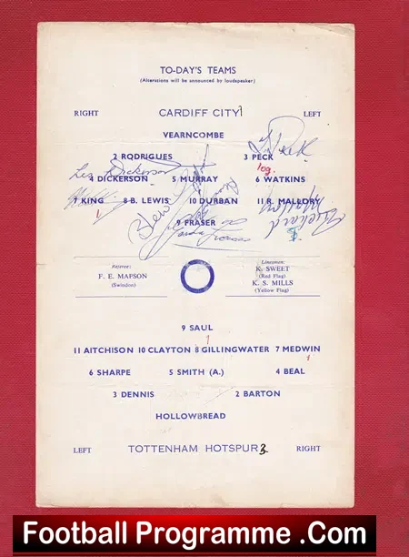 Cardiff City v Tottenham 1963 – Multi Autographed Signed
