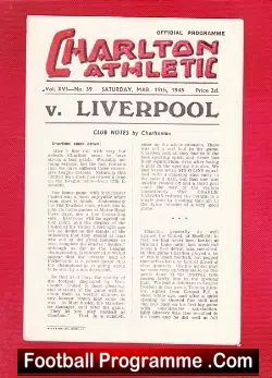 Charlton Athletic v Liverpool 1949 - football programme