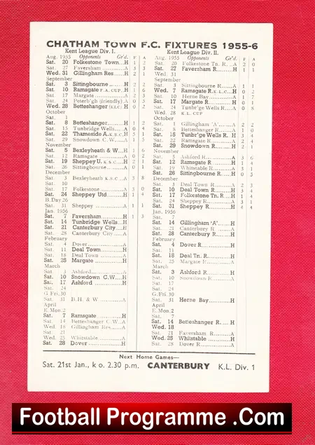 Chatham Town v Tunbridge Wells 1956 – Single Sheet