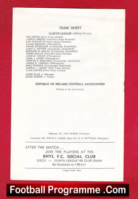 Clwyd League v Republic Ireland FA 1977 – at Belle Vue Rhyl